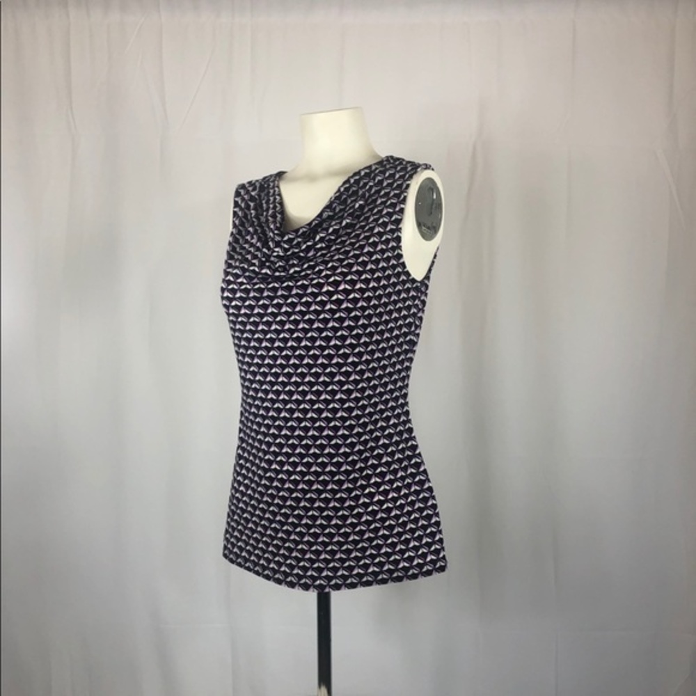 White House Black Market Navy and White Geometric Cowl Neck Sleeveless Top